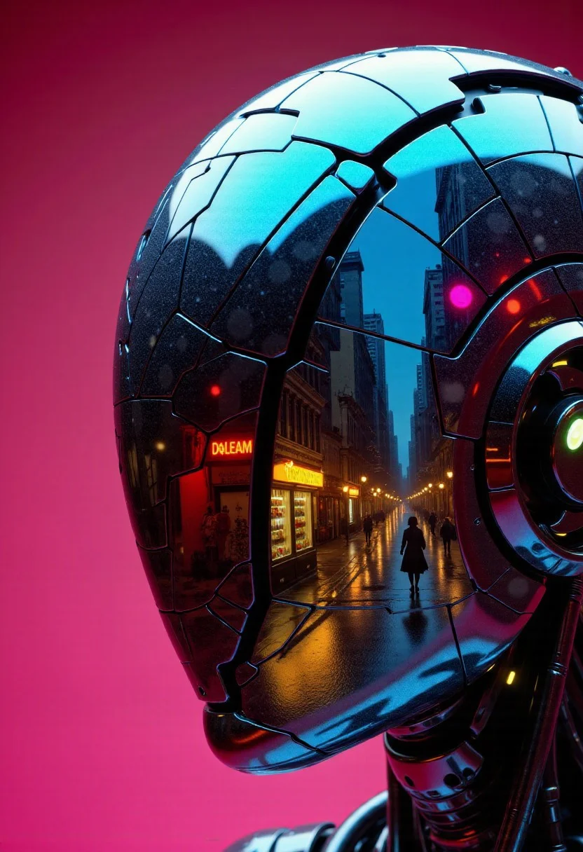 A head close-up of an ajpasbot, a faceless street-android, rendered in vibrant digital mosaic strokes—jagged and prismatic, like shattered glass reassembled by a dreaming algorithm. Its smooth, blank dome reflects a chaotic dreamscape of a sprawling neon city at night. Every curve and plane of its skull is alive with sharp-edged fragments of glowing pinks, saturated teals, golden yellows and violet shadows. Within the reflections: the silhouette of a rain-soaked alley, flickering vending machine lights, and a lone femme vigilante in a flowing plastic cape—caught mid-leap between fire escapes. Her figure multiplies in holographic echoes, split by reflections on wet chrome and glass. Each shard of color tells a microstory: a cat dashing across the pavement, the flick of a switchblade, a torn poster of a vanished idol. Drones hover like fireflies, casting kaleidoscopic shadows. The android’s head is a stained-glass cathedral of cyber-noir memory, pulsing with rain, music, and streetlight, as if the city dreamed itself into code and etched it into steel skin.