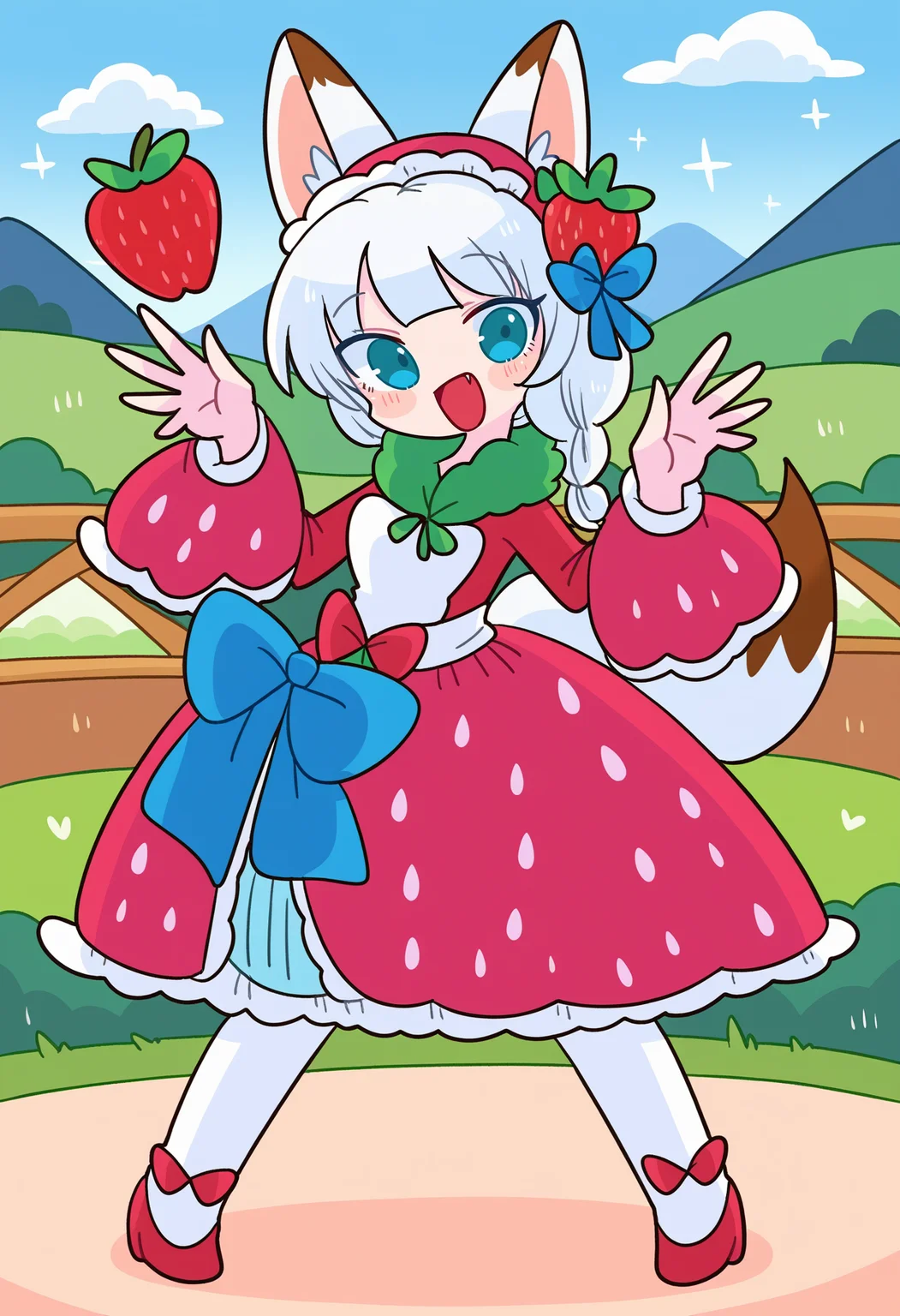 score_9, best quality, masterpiece, uncensored, source_anime
BREAK
1girl, fox girl, fox ears, fox tail, white hair, strawberry costume, fruit costume, hands up, happy, full body,
outdoors, detailed landscape of mountain range, frozen paradise,
<lora:op-na-yarou_pony_v1-000010:1>