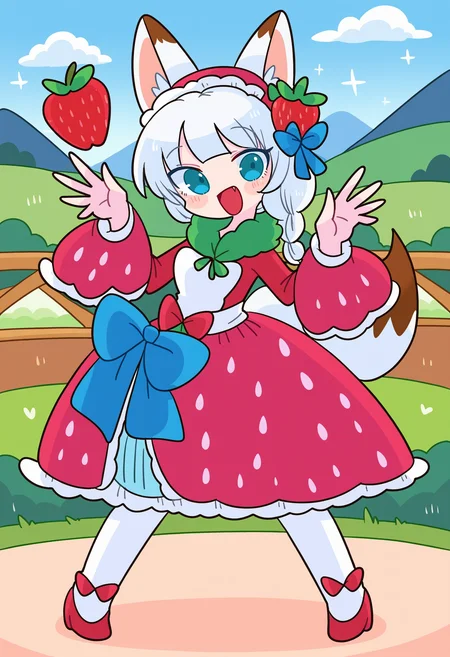 score_9, best quality, masterpiece, uncensored, source_anime
BREAK
1girl, fox girl, fox ears, fox tail, white hair, strawberry costume, fruit costume, hands up, happy, full body,
outdoors, detailed landscape of mountain range, frozen paradise,
<lora:op-na-yarou_pony_v1-000010:1>