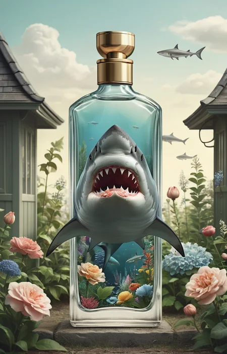 masterpiece,best quality,<lora:tbh336-sdxl:0.6>,illustration,style of massive Swedish shark A bottle of perfume in garden