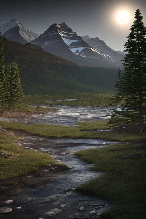 Beautiful outdoor, nature, no humans, mountain, glacier national park, dark twilight, forest, masterpiece, sharp focus, photorealistic rendering, extremely detailed