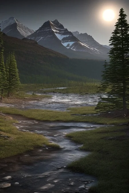 Beautiful outdoor, nature, no humans, mountain, glacier national park, dark twilight, forest, masterpiece, sharp focus, photorealistic rendering, extremely detailed