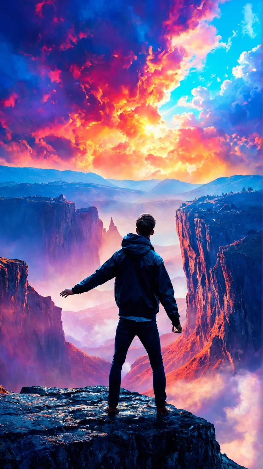digital painting, high resolution, intricate details, vibrant colors, dynamic lighting, surreal sky, person standing on a cliff, high contrast, smooth shading, atmospheric, artistic, 8k resolution, layered textures, epic scenery