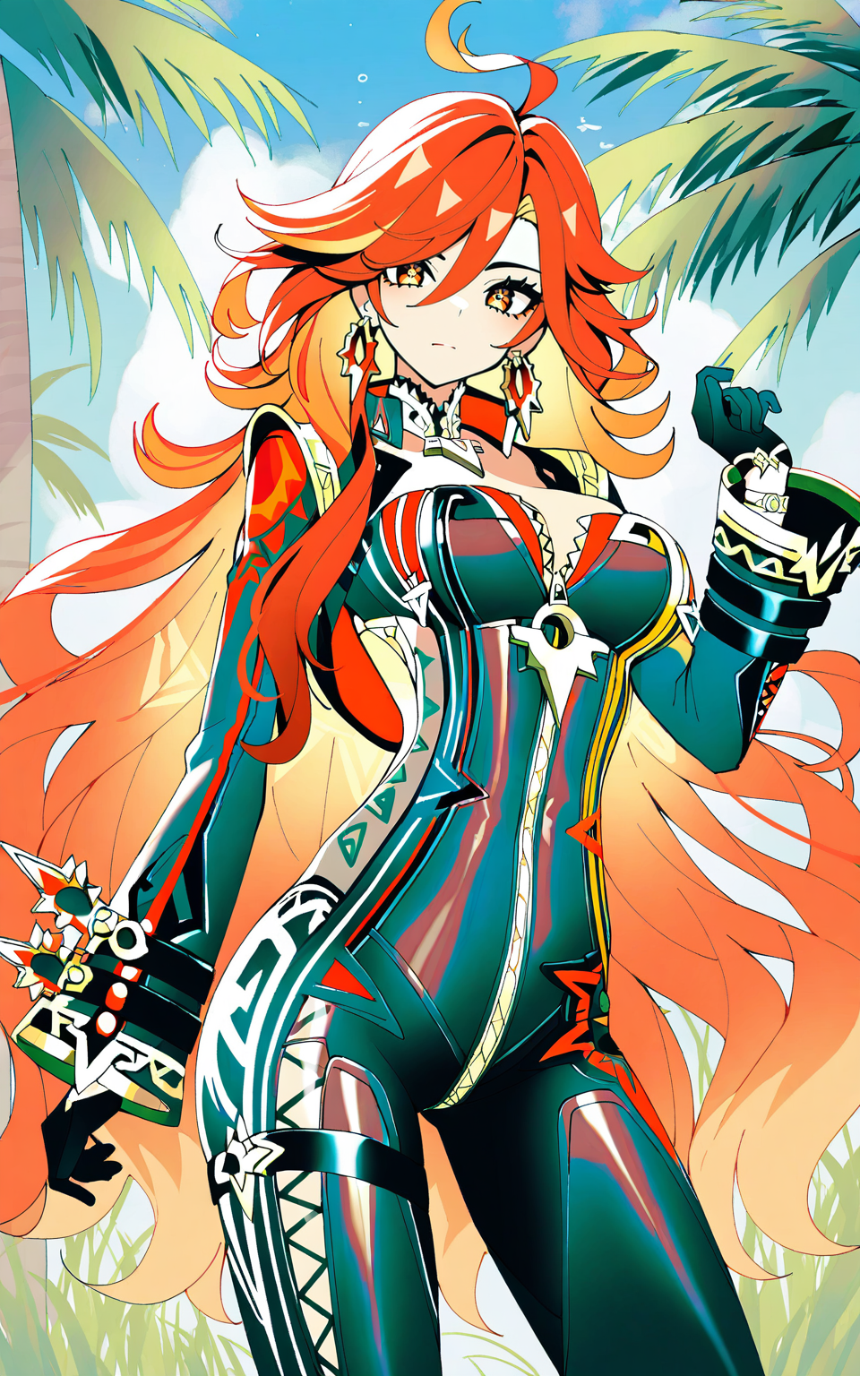 masterpiece:1.2, detailed, 1girl, solo, mavuikagenshin, pyrarchn outfit, natanatax bodysuit, xomaheu-shaped pupils, long hair, bangs, red hair, orange hair, multicolored hair, large breasts, eyes, gloves, long sleeves, cleavage, hair between eyes, jewelry, very long hair, ahoge, earrings, choker, bodysuit, gradient hair, zipper, standing, (cowboy shot), outdoors, day, sky, cloud, tropical, palm tree, grass, looking at viewer, <lora:mavuikagenshin:1>