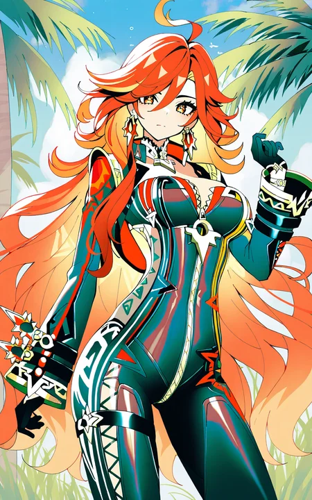 masterpiece:1.2, detailed, 1girl, solo, mavuikagenshin, pyrarchn outfit, natanatax bodysuit, xomaheu-shaped pupils, long hair, bangs, red hair, orange hair, multicolored hair, large breasts, eyes, gloves, long sleeves, cleavage, hair between eyes, jewelry, very long hair, ahoge, earrings, choker, bodysuit, gradient hair, zipper, standing, (cowboy shot), outdoors, day, sky, cloud, tropical, palm tree, grass, looking at viewer, <lora:mavuikagenshin:1>