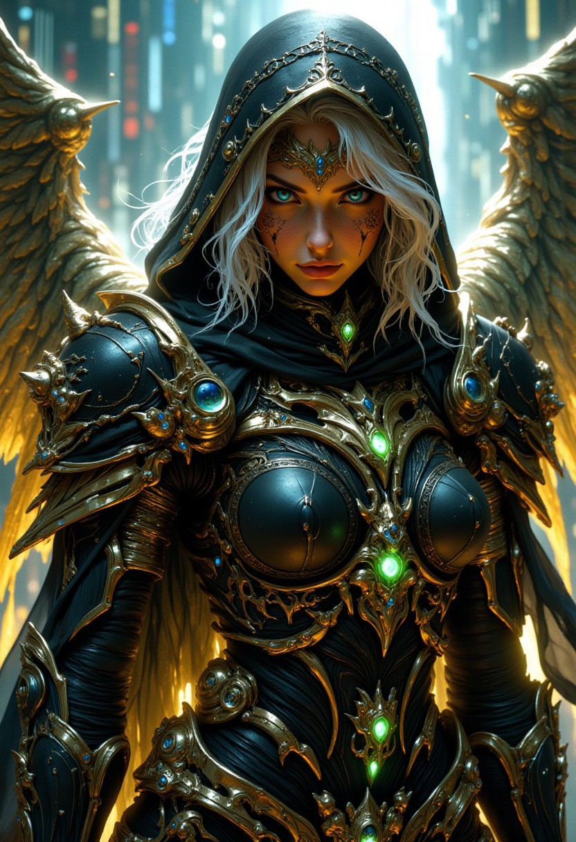 A photorealistic, digital-futuristic depiction of a cloaked female figure with glowing golden skin and eyes that merge shades of gold and green. <lora:Fant5yP0ny:0.8>, 1girl, armor, weapon, wings, solo, shoulder armor, blue eyes, pauldrons, white hair, looking at viewer, power armor