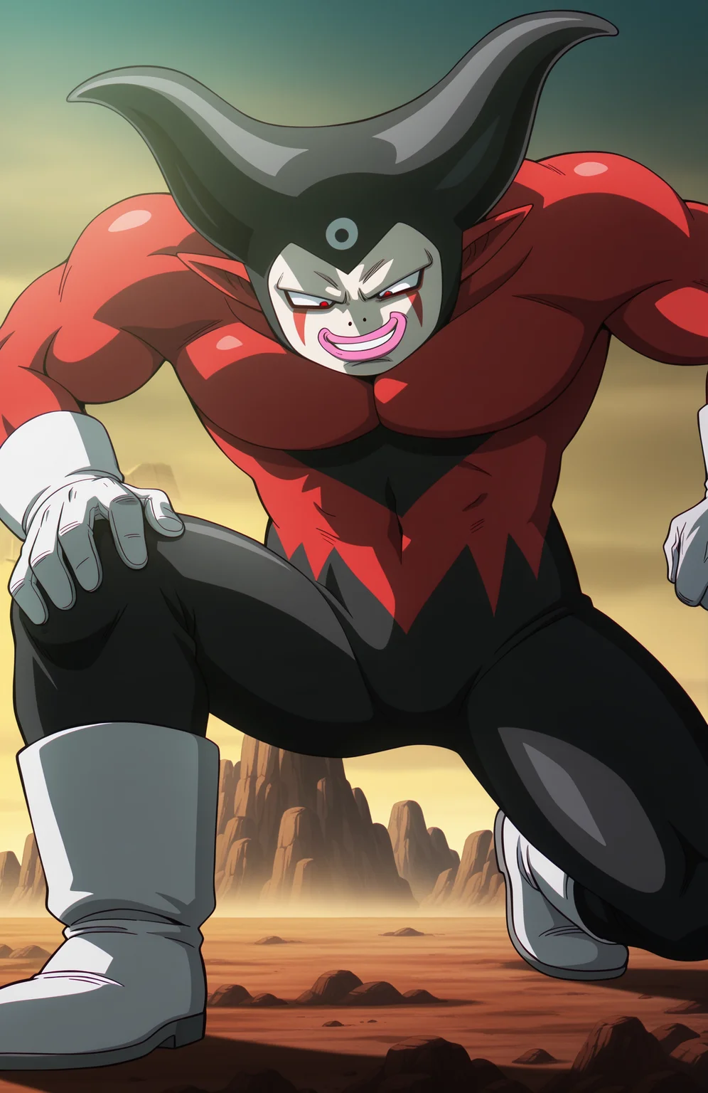 <lora:Daima_v4:1> dbdaima, solo, male focus, lazypos, anime screenshot,
1boy, giant, forehead eye, muscular male, gomah, black headwear, horned headwear, big lips, facial mark, nostrils, two-tone bodysuit, red bodysuit, black pants, white gloves, white boots, evil grin,