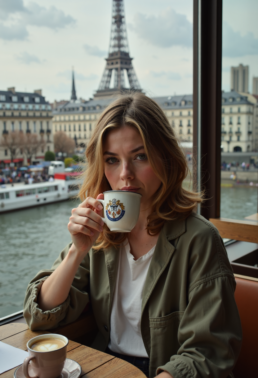 breathtaking (full body portrait:1.5) 
(solo:1.35) d14m0nd, 28-year-old mature woman, looking at viewer, sitting at a cafe drinking tea, wearing oversized casual wear, overlooking paris . award-winning, professional, highly detailed
