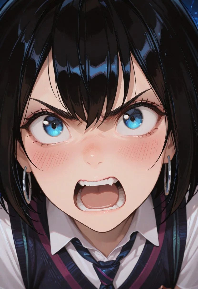 masterpiece, best quality, amazing quality, very aesthetic, absurdres, highres, newest,
pen1_parker, white shirt, sweater vest, necktie,
1girl, solo, blush, open mouth, blue eyes, jewelry, earrings,
teeth, parody, angry,hoop earrings,