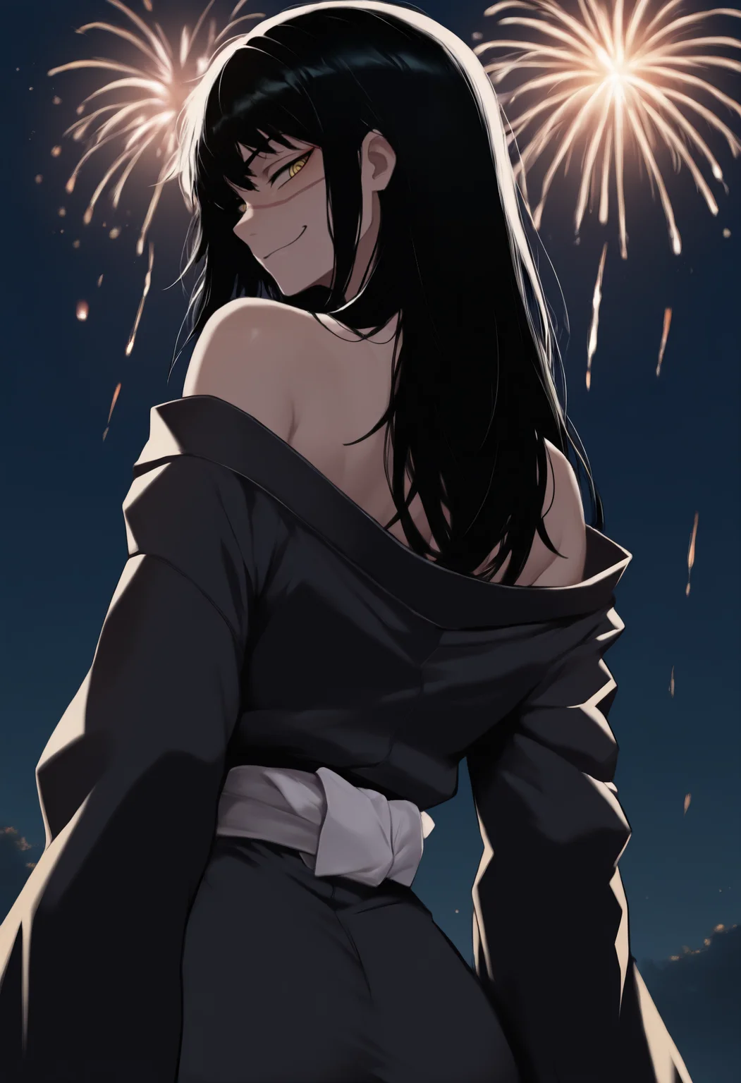 masterpiece, best quality, newest, anime, from behind, solo, 1girl, yru, scar on cheek, scar on nose, cross scar, smirk, looking back, long hair, black hair, yellow eyes, ringed eyes, japanese clothes, black kimono, off shoulder, white sash, obi, bare shoulders, outdoors, night, fireworks
<segment:yolo-face_yolov8m.pt,0.4,1//cid=1>