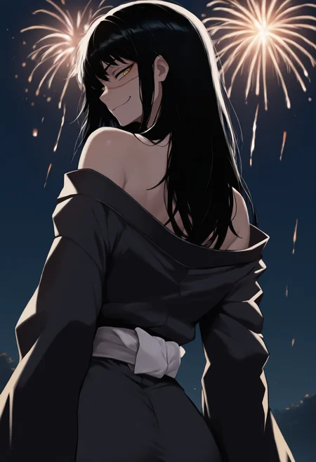 masterpiece, best quality, newest, anime, from behind, solo, 1girl, yru, scar on cheek, scar on nose, cross scar, smirk, looking back, long hair, black hair, yellow eyes, ringed eyes, japanese clothes, black kimono, off shoulder, white sash, obi, bare shoulders, outdoors, night, fireworks
<segment:yolo-face_yolov8m.pt,0.4,1//cid=1>