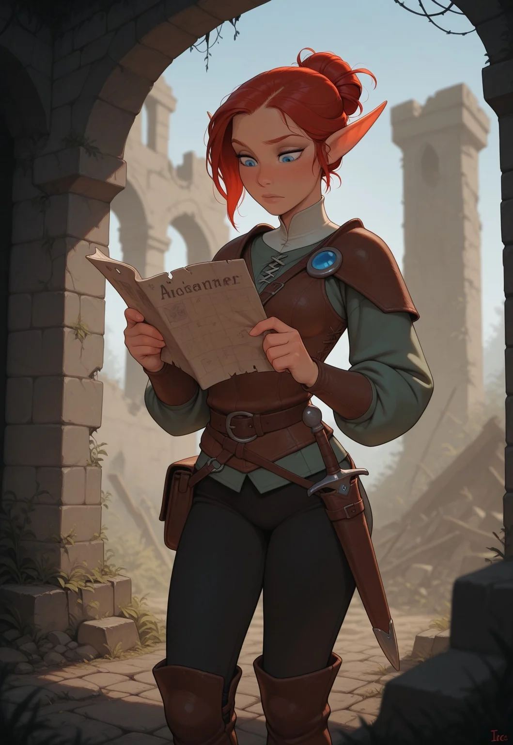 masterpiece, best quality, amazing quality, very aesthetic, DISNEY_ANIMATION, incoth, (incase:0.6), female, solo, (depth of field), medieval setting, ruins, day time
elf, red hair, blue eyes, cute face, slender, small breasts, updo hair, short elf ears, short ears
leather armor, dagger in scabbard, satchel, black pants, leather boots,
adventurer exploring ruins, reading map,