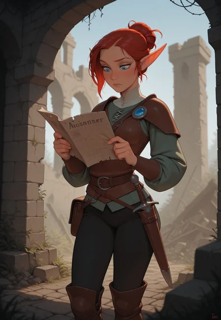 masterpiece, best quality, amazing quality, very aesthetic, DISNEY_ANIMATION, incoth, (incase:0.6), female, solo, (depth of field), medieval setting, ruins, day time
elf, red hair, blue eyes, cute face, slender, small breasts, updo hair, short elf ears, short ears
leather armor, dagger in scabbard, satchel, black pants, leather boots,
adventurer exploring ruins, reading map,
