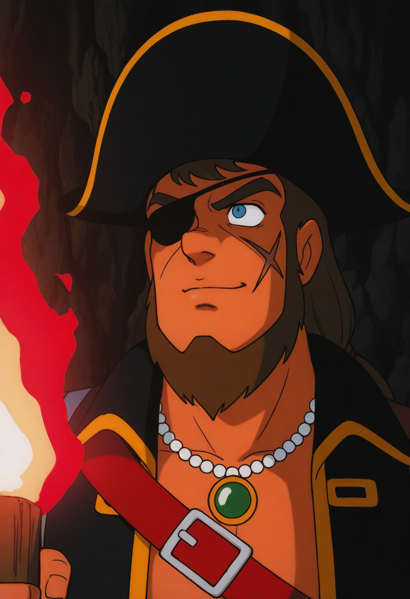 official wallpaper, 1boy, (portrait:2.5), chiaroscuro, holding torch, looking afar, darkness, serious, dutch angle, cave, male focus, looking to the side, smirk, evil grin, (closed mouth:1.5),
BREAK
captainkidd, retro artstyle, mature male, dark skin, brown hair, long hair, ponytail, long sideburns, beard, eyepatch, scar on face, blue eyes, thick eyebrows,
BREAK
pirate, pirate hat, bead necklace, green gem pendant, sleeveless, black waistcoat, shoulder strap, yellow trim, open clothes, red sash, red wristband,
BREAK
best quality, masterpiece, very aesthetic, absurdres, highest detailed, very awa, <lora:Captain_Kidd_from_Doraemon_Nobitas_Great_Adventure_in_the_South_Seas_v1.0:1>