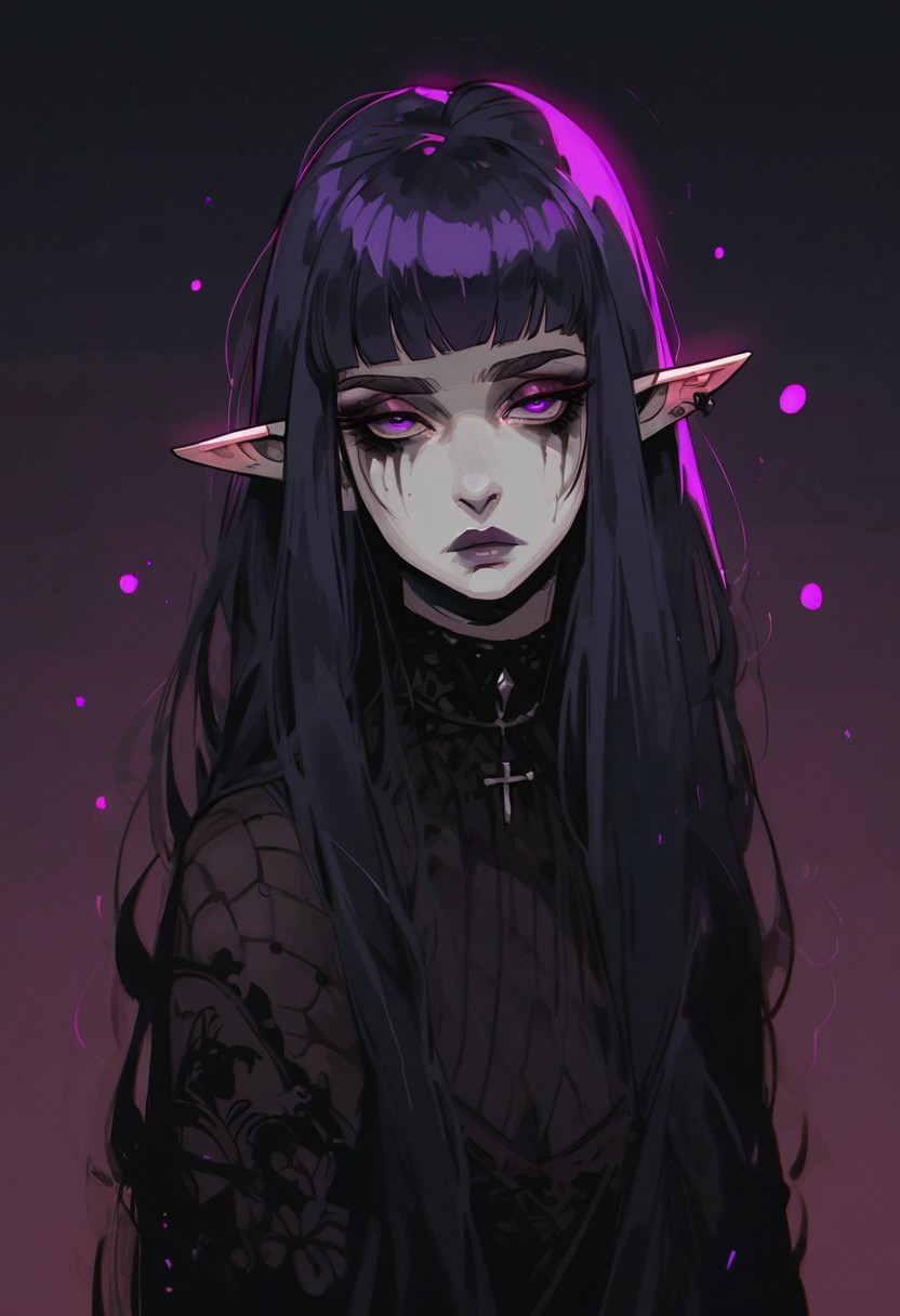 score_9, score_8_up, score_7_up, BREAK, 1girl, mature and imposing, 40 years old, portrait, beautiful, Elf warlock dramatic lights, purple hair, purple eyes, (long hair:1.3), side bangs, white skin, white colored skin, scars, goth, goth makeup, medium brests, purple eyes, mature, mature woman, tired