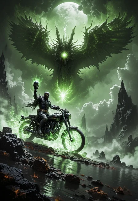 The (The Legend of Sleepy Hollow) headless rider takes the foreground, seated on a roaring motorcycle, its wheels engulfed in toxic green flames. He holds his severed head high in one hand, its glowing eyes casting an eerie light. Behind him, a massive volcano erupts, giving birth to a colossal phoenix made entirely of molten lava and stone. The phoenix’s wings, formed from toxic green magma, stretch across the sky, blocking out the sun. The scene is in stark black and white, except for the venomous green glow of the burning wheels, the phoenix, and the lava, creating an intense, apocalyptic atmosphere.