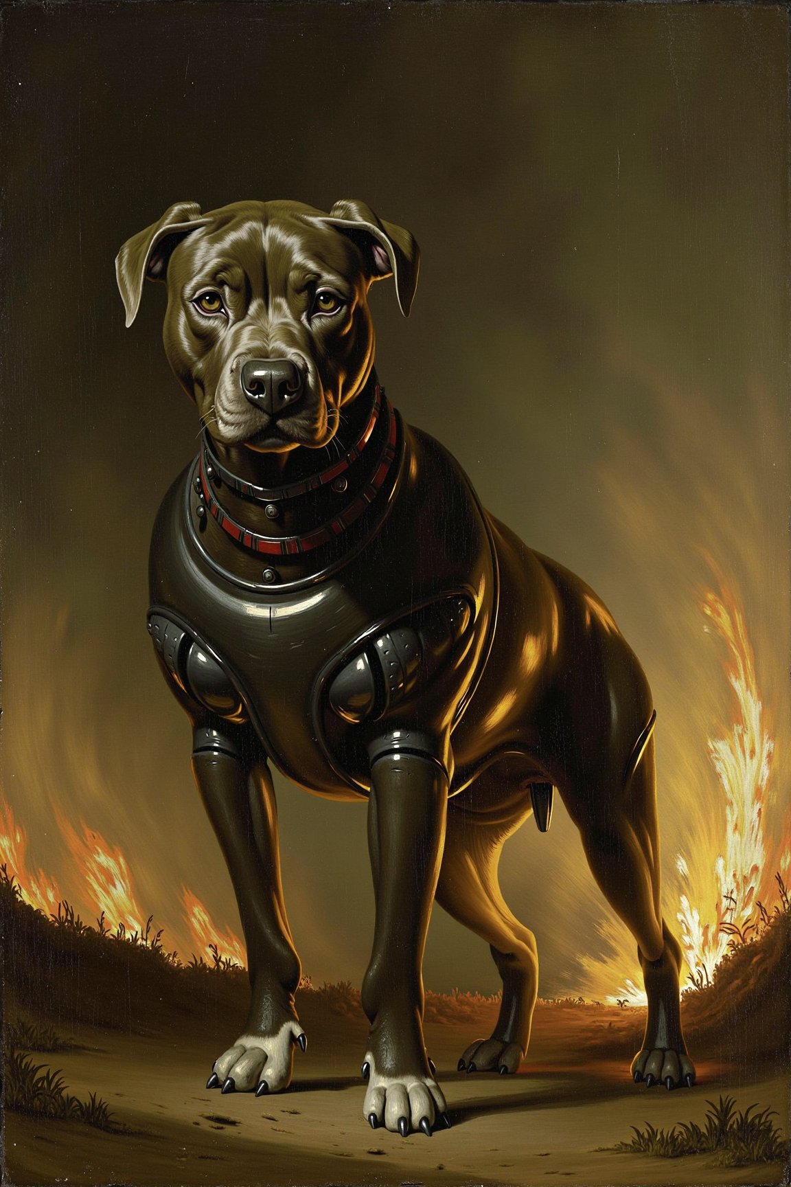 yfg-P@int by a dutch master painter, Portrait photo of an Angry Pit Bull robot in night, captured with a Baroque painter style and a thick, heavy brush set to deep strokes for enhanced texture and volume. The composition should focus on the off-center placement of the robot's eyes, surrounded by distorted pupils, robotic features, and unnatural anatomy, while the background is blurred due to the intense smoke and flames from nearby explosions and burning buildings, creating a sense of chaos and energy. Set the color balance to warm tones with an emphasis on golden yellows and fiery oranges. Include reflections off the wet pavement and neon lights illuminating the robot's metal body, adding depth and emphasizing its intimidating presence amidst the urban destruction.