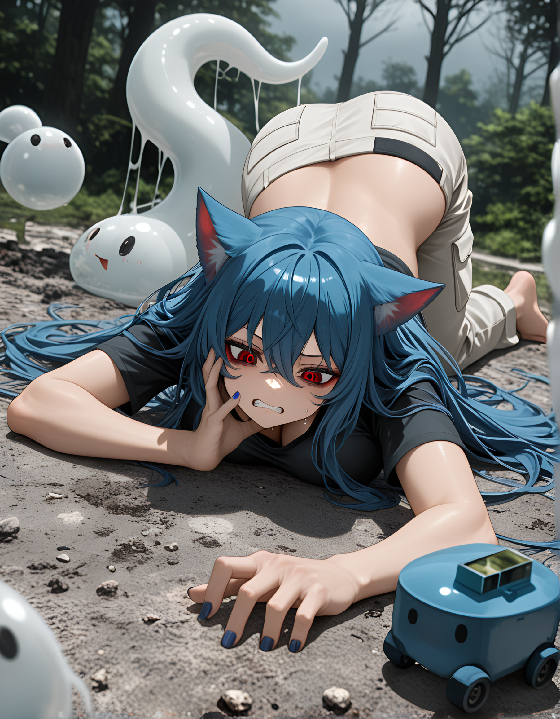 RTX, on_side, Poltergeist, White Theme, boots, best quality, ultra-detailed, huge breasts, shadow-like trees., slime_(creature), anime character, miniature world, tan skin, pain), ephemeral, masterpiece, lying, Eto Yoshimura (Tokyo Ghoul), newest, Navy blue hair, 8K, ray_tracing, very long hair, depth of field, motion_blur:1.1, long_nails, Rapunzel-length, Clenched teeth (Anger, effort, Focused Light / Spotlight, heavily tattooed, amazing quality, cat_ears, very aesthetic, Dutch angle, barefoot, Forest composed of whispering, absurdres, nail_polish, cargo_pants, ambient occlusion, overcast, Henley_shirt, 1girl, knees_slightly_bent, backpack, absolutely eye-catching, motion_lines:1.1