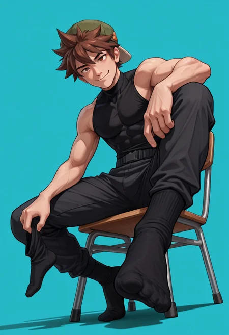 masterpiece, absurdres, high quality, perfect anatomy, arwe, foreshortening, BREAK
jax, 1boy, male focus, solo, brown hair, brown eyes, spiked hair, short hair, bangs, hat, green cap,
BREAK, teasing, cinematic, intricately detailed illustration, depth of field, masterpiece, best quality, amazing quality, very aesthetic, absurdres, newest, very awa, shadow, dynamic angle, casual cosplay, dynamic pose, simple background, teal theme, full body, feet focus, detailed fingers, black footwear, no shoes, looking at viewer, black socks, cocky smile, siting, chair, submissive pov, feet towards viewer, dominant, twunk, muscular, muscles, lycra pants, domination, arrogant smile, looking down on viewer, compression outfit, holding worn out socks in hand, short socks