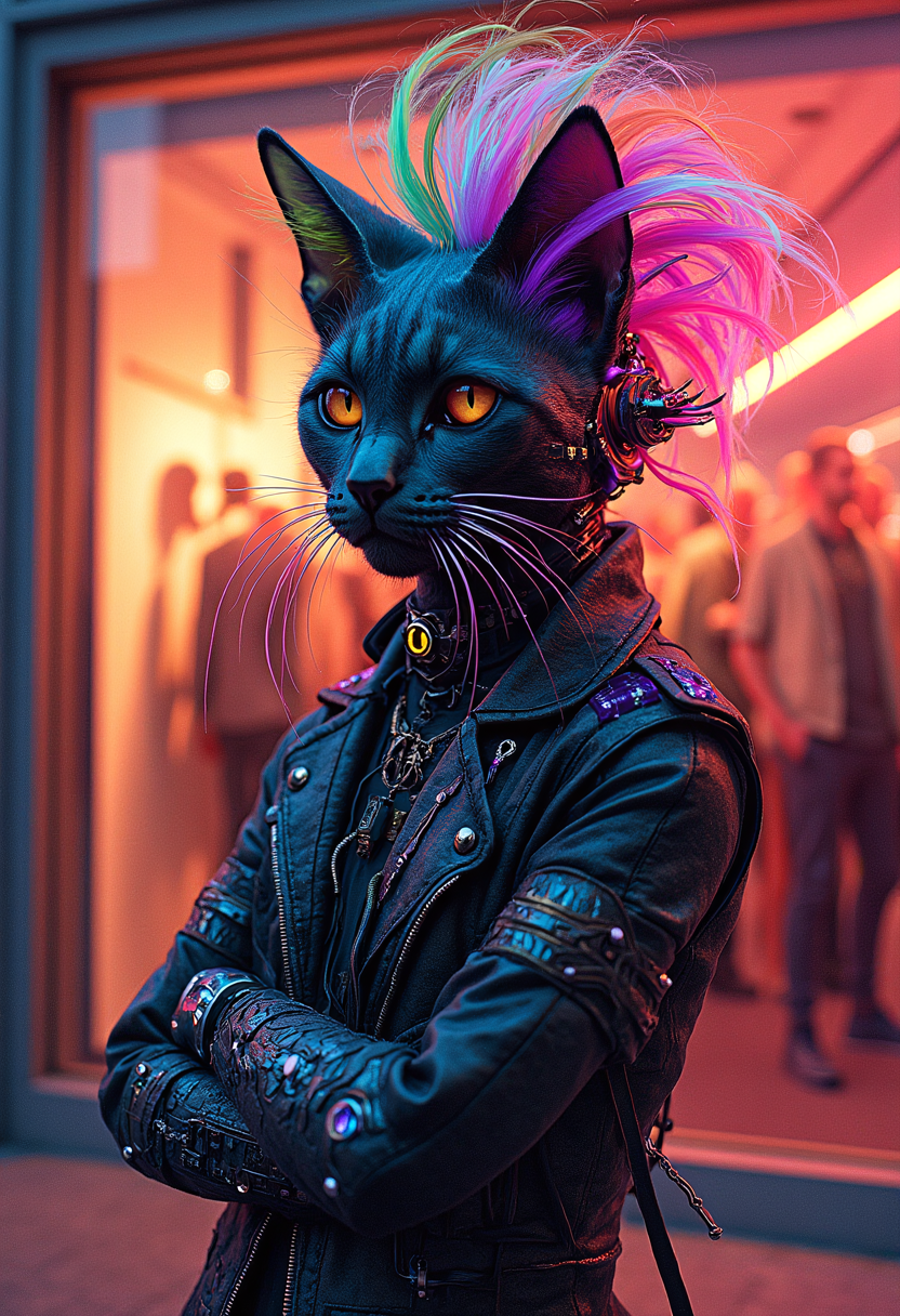 splatterpunk style, at sunset, a cat-human hybrid stands proudly outside a futuristic D&G-style boutique, sleek carbon fiber mechanical arms, atmospheric perspective, hairstyle a riot of colorful spikes and dye, augmented enhancements visible, glowing circuits and fiber-optic strands and LEDs of pulsing with energy, and explosion of creative chaos, vibrant colors and bold outlines, style of Wayne Barlowe meets Jean-Paul Goude, <lora:other/flux_realism_lora> . gory and violent aesthetic with transgressive elements, extreme and futuristic technology