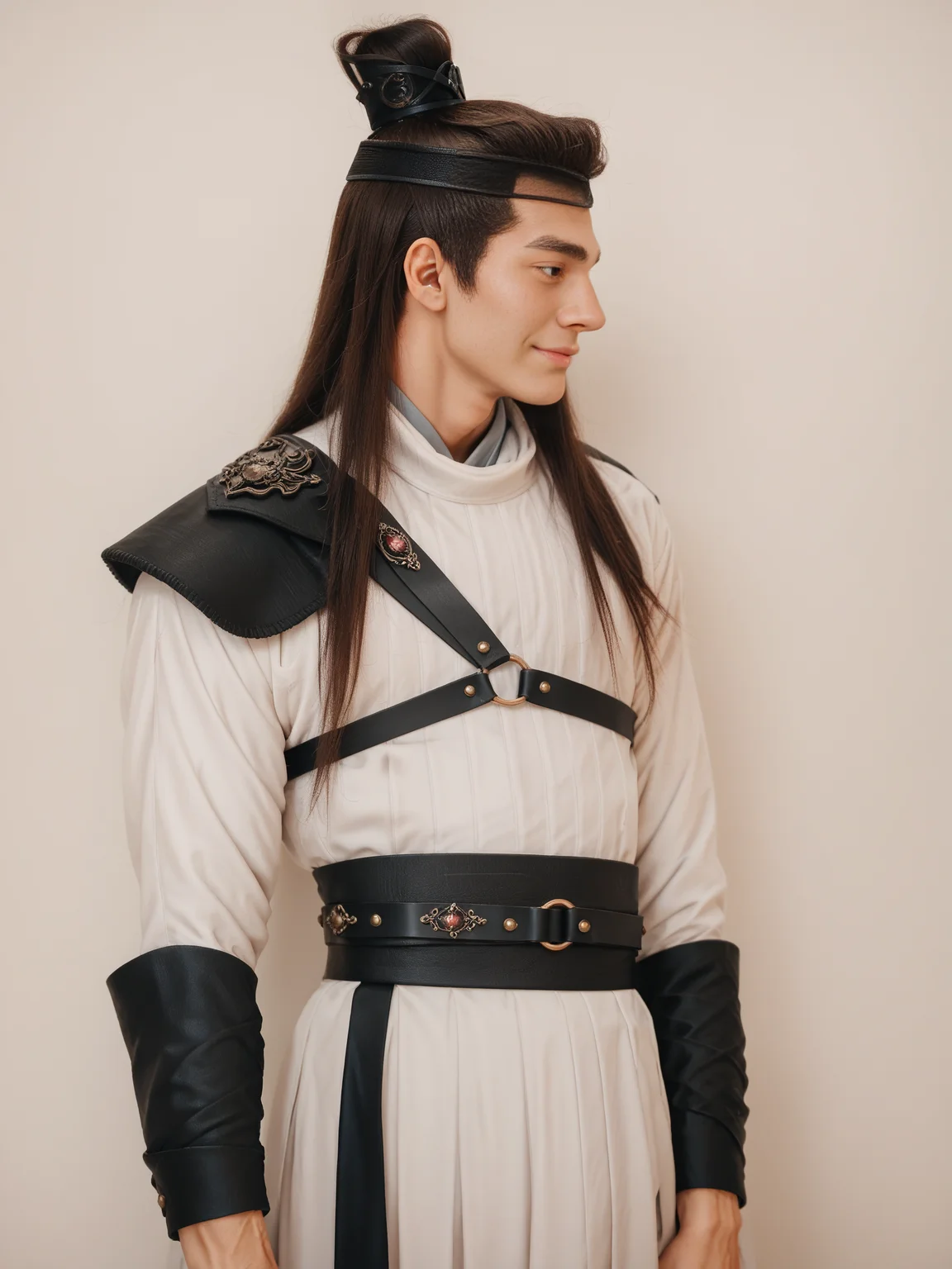score_9, score_8_up, score_7_up, score_6_up, score_5_up, score_4_up, 1boy, ((profile)), full body, light smile, male focus, yulexuanblk, long pleated dress, topknot, hair bun, simple background, hanfu, long hair, brown hair, hair ornament, belt, toned, <lora:yulexuanblkponyv2:0.75>