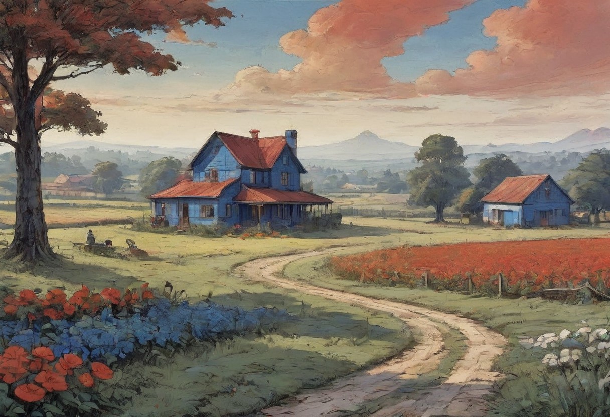 comics art by Greg Land, high contrast art, landscape of a Varied Absurd Royal Blue, White and Red , farm house, farmland, (Lusaka:1.2) , flower field, Foggy conditions, Detailed illustration, 800mm lens, <lora:EldritchArt1.0:0.8>