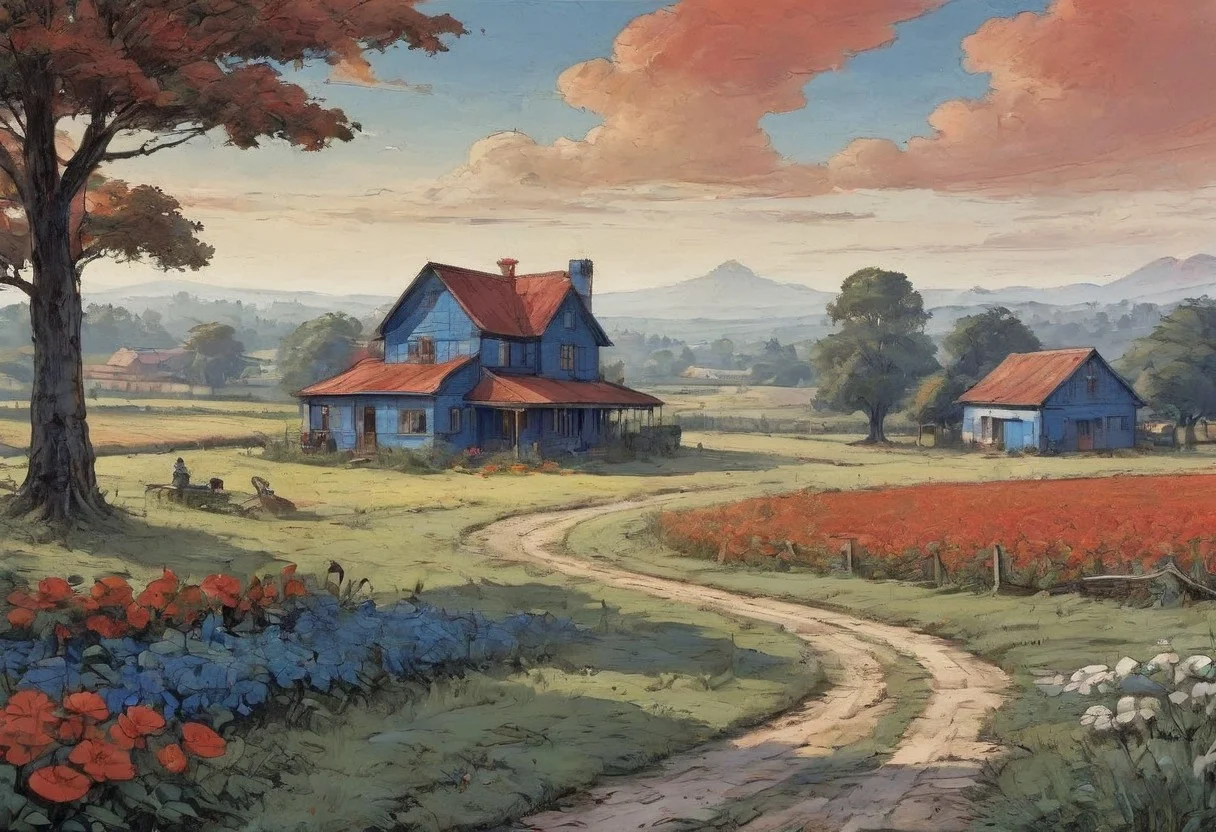 comics art by Greg Land, high contrast art, landscape of a Varied Absurd Royal Blue, White and Red , farm house, farmland, (Lusaka:1.2) , flower field, Foggy conditions, Detailed illustration, 800mm lens, <lora:EldritchArt1.0:0.8>