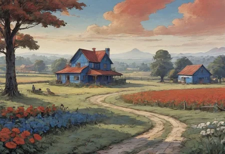 comics art by Greg Land, high contrast art, landscape of a Varied Absurd Royal Blue, White and Red , farm house, farmland, (Lusaka:1.2) , flower field, Foggy conditions, Detailed illustration, 800mm lens, <lora:EldritchArt1.0:0.8>