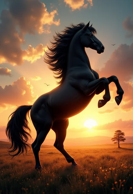Title: The Majestic Stallion In this powerful scene, a large black horse rears up majestically, its muscular body tense and ready to take flight. The sun dips below the horizon, casting a warm glow upon the proud stallion as it lets out a thundering whinny. The background is a vast, open plain dotted with wildflowers and a lone tree, symbolizing the horse's freedom and untamed spirit. The lighting is dramatic, with harsh shadows emphasizing the horse's defined features and the contrast between its dark coat and the vibrant sky. The overall mood is one of strength, courage, and unbridled passion, evoking a sense of awe and reverence for the majestic creature. Style: Realistic, Epic, Dramatic., <lora:FluxDFaeTasticDetails.safetensors:0.8> <lora:glowing_flux.safetensors:0.8>,