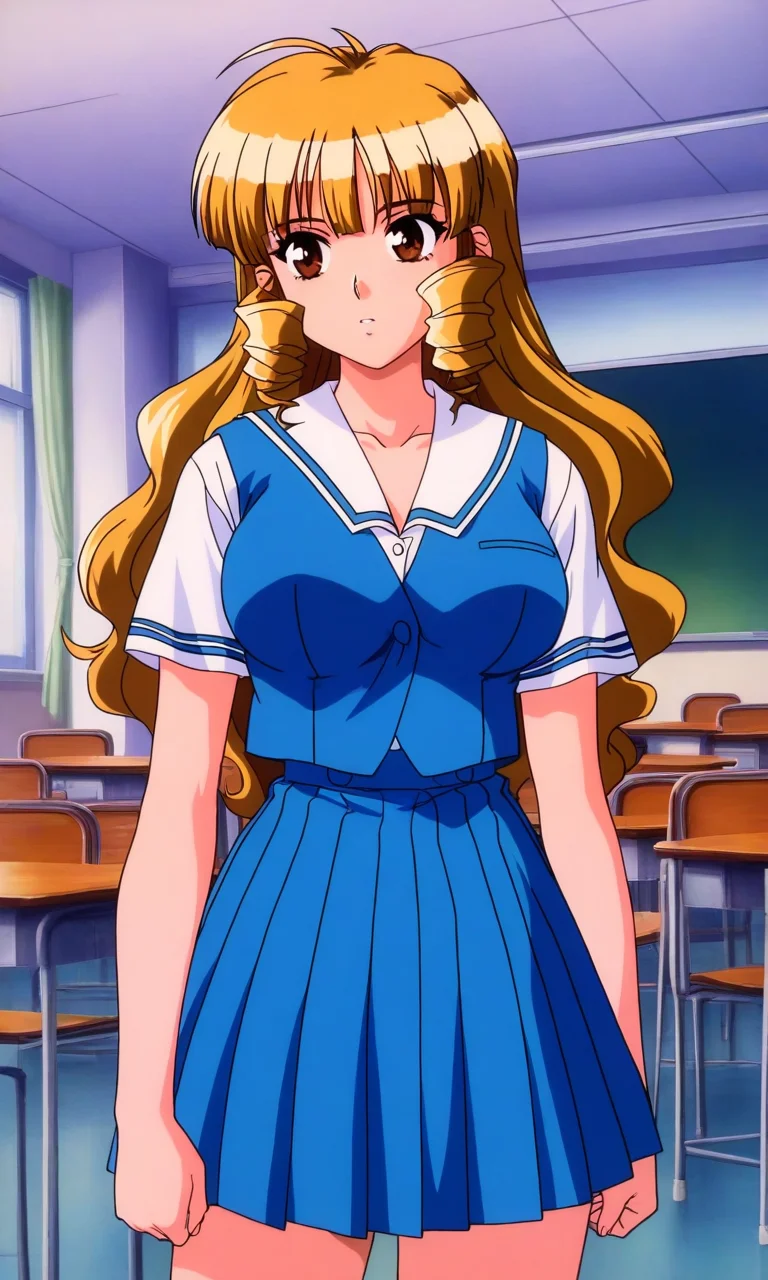 general,highres, ultra-detailed,very aesthetic,best quality ,best hands, BREAK <lora:Shimazu_Mio_YU-NO_OVA_IS:1>Shimazu_Mio(OVA), 1girl, solo, blonde hair, drill sidelocks, long hair, large breasts, brown eyes,
light blue school uniform, blue skirt, brown hair, pleated skirt, short sleeves, cowboy shot, standing, blue skirt, arms at sides, collarbone, light blue vest,
indoor, school room,
