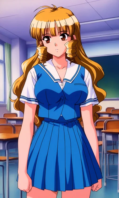 general,highres, ultra-detailed,very aesthetic,best quality ,best hands, BREAK <lora:Shimazu_Mio_YU-NO_OVA_IS:1>Shimazu_Mio(OVA), 1girl, solo, blonde hair, drill sidelocks, long hair, large breasts, brown eyes,
light blue school uniform, blue skirt, brown hair, pleated skirt, short sleeves, cowboy shot, standing, blue skirt, arms at sides, collarbone, light blue vest,
indoor, school room,