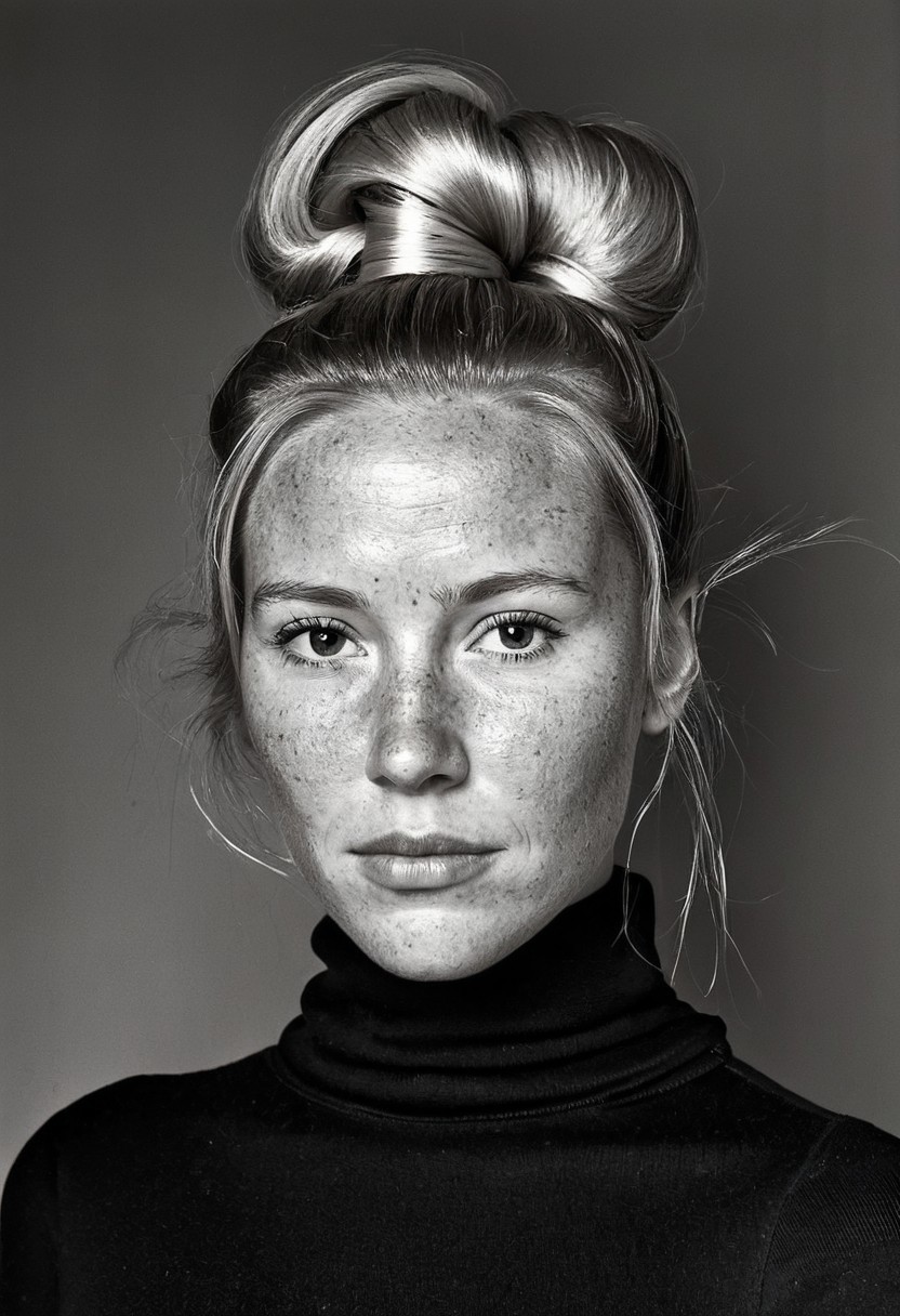 classic portrait of a Swedish woman, slightly freckled, natural skin, skin pores, she is in a black turtleneck, long blond hair rolled into a high bun creating two huge loops above her head, black and white photography, high contrast, long shadows, studio photography,