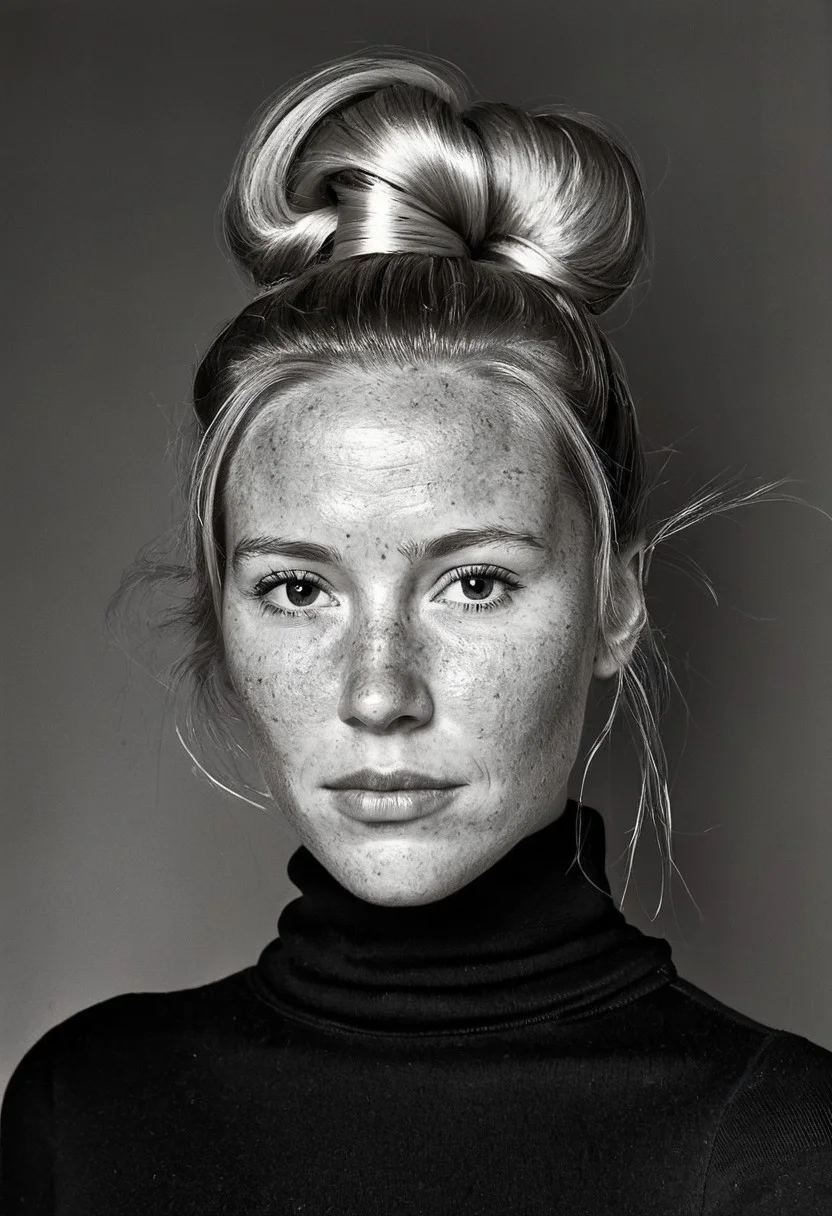 classic portrait of a Swedish woman, slightly freckled, natural skin, skin pores, she is in a black turtleneck, long blond hair rolled into a high bun creating two huge loops above her head, black and white photography, high contrast, long shadows, studio photography,
