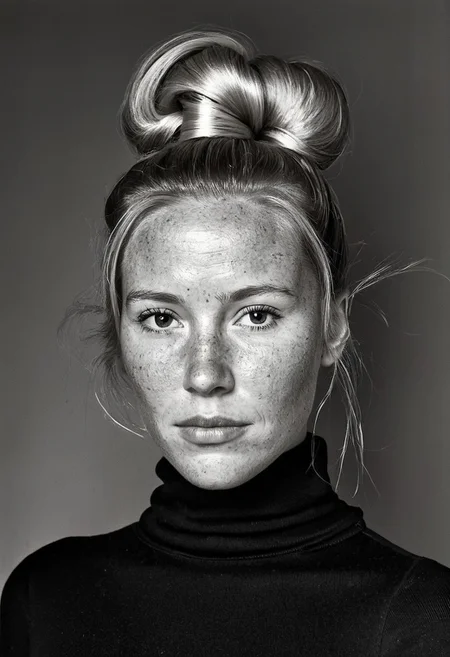 classic portrait of a Swedish woman, slightly freckled, natural skin, skin pores, she is in a black turtleneck, long blond hair rolled into a high bun creating two huge loops above her head, black and white photography, high contrast, long shadows, studio photography,