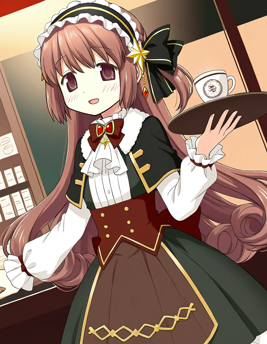 masterpiece, best quality, newest, absurdres, highres, safe, 1girl, satomi touka \(holy night ver.\), magia record: mahou shoujo madoka magica gaiden, black clothes, white sleeves, tray, coffee shop, dutch angle, <lora:satomi_touka_noobaiXLNAIXL_vPred10Version:0.7>