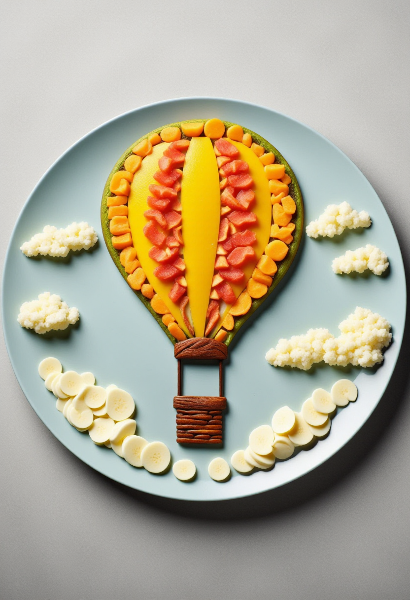 <lora:Food_Formations_FLUX-000016:1.0>
This is a photograph showcasing a meticulously arranged plate of food art, designed to resemble a hot air balloon in the clouds.
