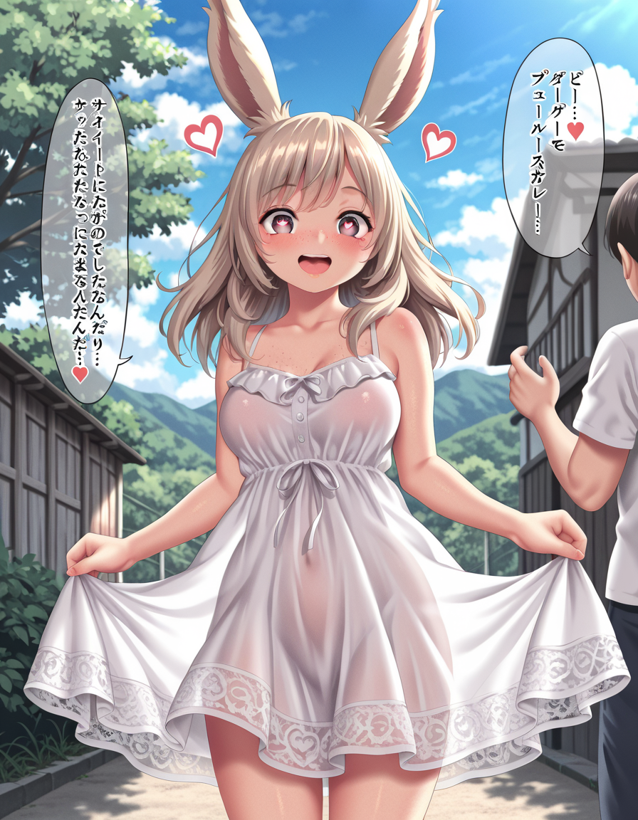 <lora:kase_daiki_Illustrious:1>kase_daiki
cute viera, summer dress, see-through, heart shaped pupils, freckles, excited, outdoors