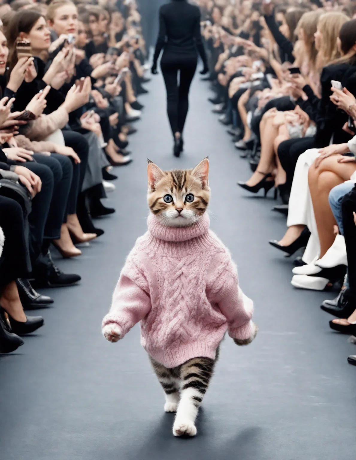 High Fashion, realistic photo of a cute ((baby cat)) in a pink sweater walks down on a catwalk with people watching from the stands behind it and a crowd of people sitting in the stands, fashion, furry art, an album cover, dynamic, dramatic, haute couture, elegant, ornate clothing, High Fashion