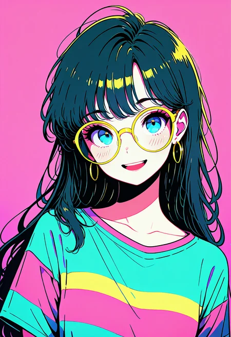 masterpiece, best quality, 1girl, solo, eyelashes, (beautiful eyes), 1girl, solo, long hair, looking at viewer, blush, smile, open mouth, bangs, blue eyes, shirt, black hair, jewelry, collarbone, upper body, short sleeves, earrings, glasses, pink background, hoop earrings, yellow-framed eyewear, aqua shirt, multicolored shirt ,<lora:80sPopStyle_IXL_v1:1.0>,