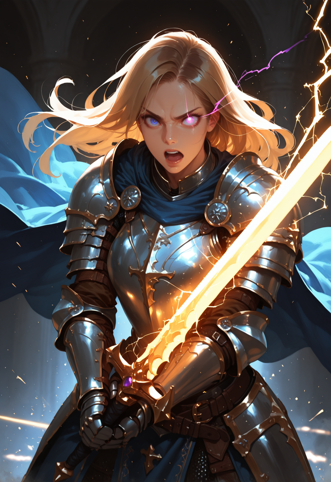 1girl, weapon, sword, armor, solo, cape, holding, holding weapon, open mouth, long hair, holding sword, blue cape, glowing, teeth, blue eyes, brown hair, gauntlets, purple eyes, shoulder armor, knight, breastplate, glowing weapon, belt, glowing sword, magic, two-handed, light trail, glowing eye, plate armor, blonde hair, electricity, upper teeth only, pauldrons, faulds, eye trail
.<lora:newrimixL:1>, <lora:Detailer_NoobAI_Incrs_v1:0.75>, masterwork, masterpiece, best quality, dynamic lighting , dynamic pose,,  dynamic angle, , ,  (lineless:1.2), detailed, depth of field, dynamic lighting, blurry, (cheekbones:0.75), 
<lora:zy_illustrious_Realism_Enhancer_v1:0.5> adult, aged up,