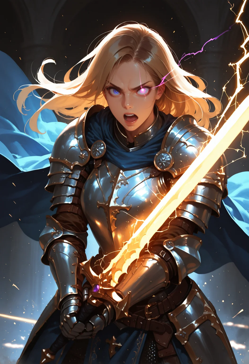 1girl, weapon, sword, armor, solo, cape, holding, holding weapon, open mouth, long hair, holding sword, blue cape, glowing, teeth, blue eyes, brown hair, gauntlets, purple eyes, shoulder armor, knight, breastplate, glowing weapon, belt, glowing sword, magic, two-handed, light trail, glowing eye, plate armor, blonde hair, electricity, upper teeth only, pauldrons, faulds, eye trail
.<lora:newrimixL:1>, <lora:Detailer_NoobAI_Incrs_v1:0.75>, masterwork, masterpiece, best quality, dynamic lighting , dynamic pose,, dynamic angle, , , (lineless:1.2), detailed, depth of field, dynamic lighting, blurry, (cheekbones:0.75),
<lora:zy_illustrious_Realism_Enhancer_v1:0.5> adult, aged up,