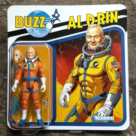Buzz Aldrin,  A meticulously detailed, photo-realistic image of a Buzz Aldrin figure, packaged in a vibrant box. The packaging prominently features a cartoon illustration of a man in a Buzz Aldrin astronaut costume on one side, characterized by exaggerated features and a signature expression. Beside the cartoon, a clear window panel reveals the action figure, a precise replica, with distinct detailing and accurate coloring. The figure's attire a suit and carrying a briefcase, complete with miniature accessories. The background of the box displays the word "BUZZ" with elements symbolic of astronomy and lightning bolts, subtly enhancing the collectible's thematic appeal <lora:gonza:0.75>