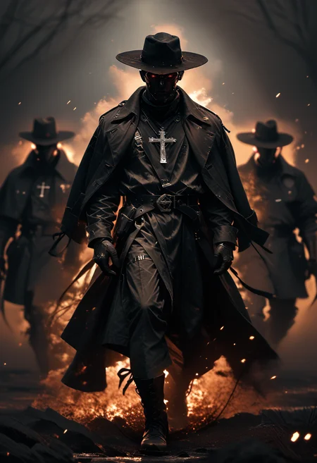 (score_9, score_8_up), score_7_up, Highly detailed RAW color Photo, 1male, hat, holding, full body, black silhouette, glowing red eyes, boots, multiple boys, belt, holding weapon, coat, standing, photoshoot theme, glowing, cross, glowing eyes, black coat, black masks, black gloves, dark, 3others, simple background, grey background, gritty, gorgeous details, depth perception, backlighting, photorealistic, robot, breathtaking scenery,
dark lighting, dof, depth of field, realistic, dark background, CINE, embers,
<lora:unholy-000009:0.8> <lora:CINE-000008:0.4><lora:- SDXL - vanta-black_contrast_V3.0:0.7>
<lora:sinfully_stylish_SDKL:0.5> <lora:GwentStyle_v2:0.4>