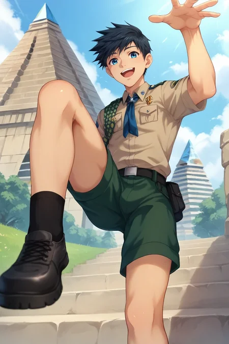 score_9, score_8_up, score_7_up, , rating_safe, , , , depth of field, 1boy, solo, male focus, <lora:natsumi_hamasaki_pony:0.94>, natsumi_hamasaki, black hair, blue eyes, short hair, uniform, from below, pyramid, day, one leg up, happy, , <lora:sdxl_lightning_8step_lora:1>