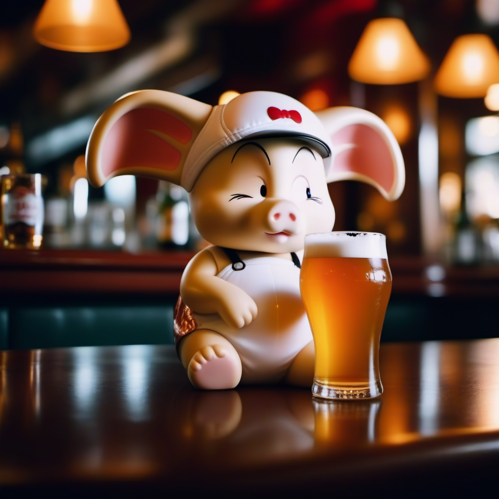 cinematic photo a ping Oolong furry animal with white panty on the head, having a beer in a pub <lora:Oolong1024-v2:0.8> . 35mm photograph, film, bokeh, professional, 4k, highly detailed