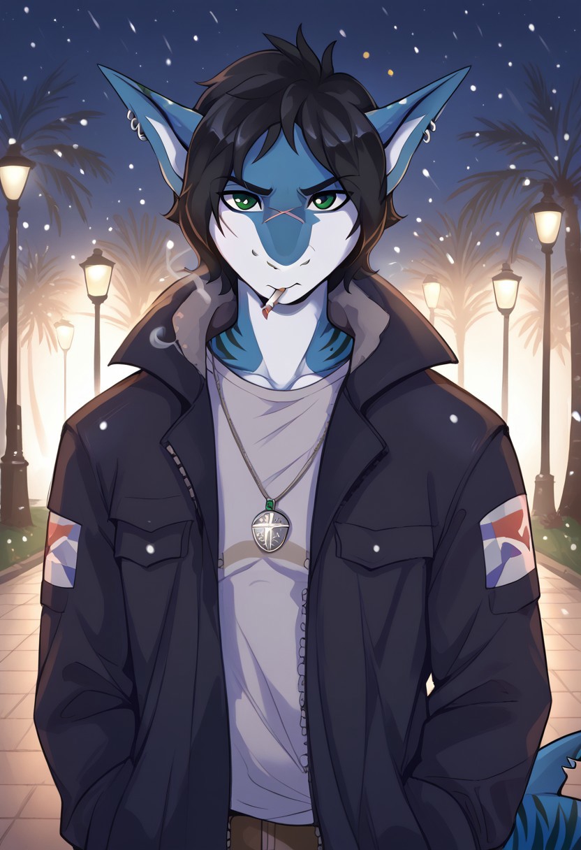 <lora:Scappo_Style_v2_PonyXL:0.8> by scappo, scappo,  score_9, score_8_up, score_7_up,1boy, lunarsunxl,  anthro shark,dark blue skin, stripes on the body, short hair,lush hair,black hair, green eyes, shark tail, scar on the fin, ear piercing, BREAK, looks at the viewer, confused, stretches out his hand to the viewer, open palm, shell pendant in the palm, cigarette in his mouth, lights a cigarette with a lighter, purple T-shirt, long black coat, background, park in winter, night, it's snowing
