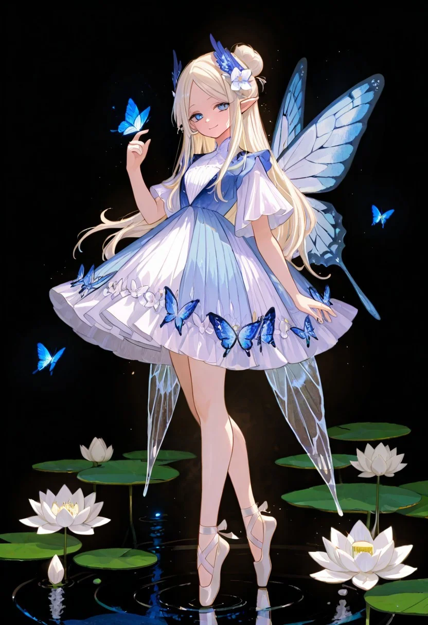 masterpiece, best quality, good quality, very aesthetic, absurdres, newest,1girl, solo, long hair, looking at viewer, smile, blue eyes, blonde hair, hair ornament, dress, closed mouth, standing, full body, white hair, flower, short sleeves, wings, pointy ears, hand up, hair flower, white dress, hair bun, water, high heels, parted bangs, bare legs, blue dress, white footwear, white flower, single hair bun, black background, bug, head wings, butterfly, light particles, blue flower, fairy wings, fairy, tiptoes, dark background, ripples, insect wings, blue butterfly, butterfly wings, wing hair ornament, lily pad, lotus, butterfly on hand, ballet slippers, glowing butterfly, 748cmstyle