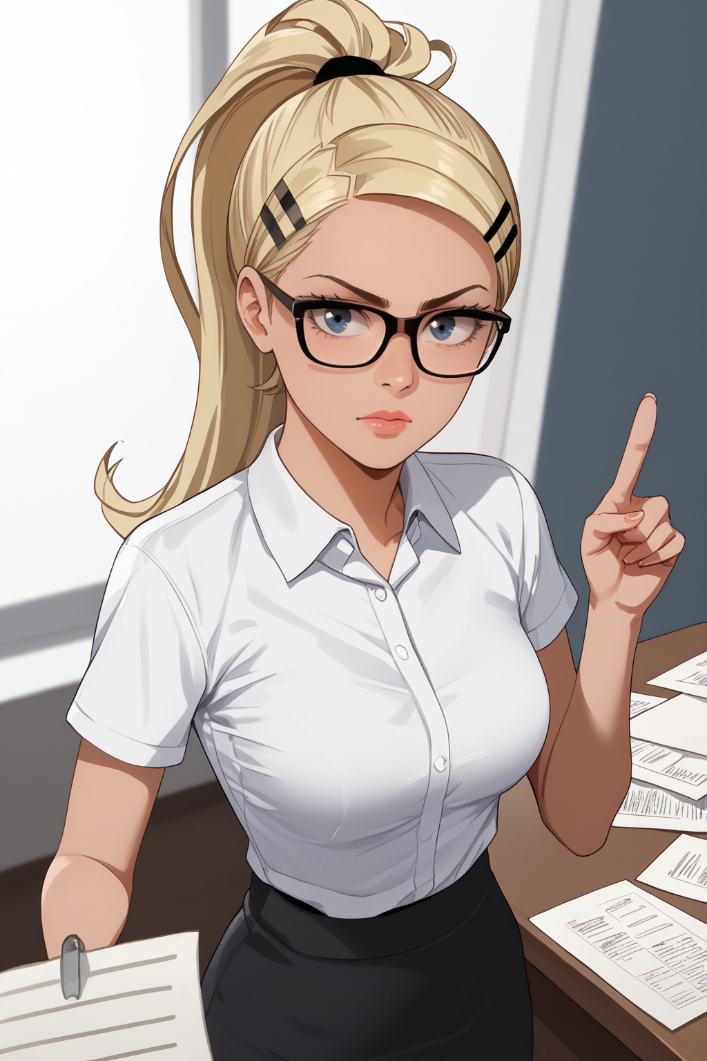 score_9, score_8_up, score_7_up, masterpiece, high quality, BREAK, realistic
 <lora:NoellePonyLora:1>Noelle, short hair, ponytail, hairclip, white collared shirt, black skirt, short sleeves, high heels, holding papers, serious loook, black framed glasses, pointing at paper, pov