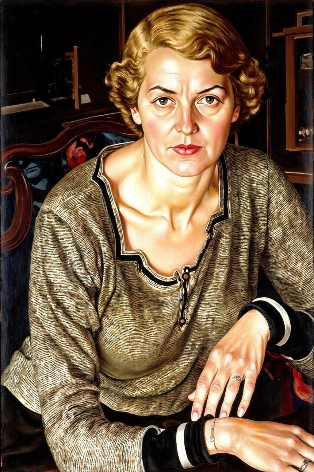 sspencer1 painting.
A painting of a woman in a seated position. She has short, light blonde hair styled in a neat bob. Her expression is serious and slightly forward-leaning, with her right hand resting on a wooden surface. <lora:sspencer1_cap_d6a3:1.0><lora:832110602047491452:0>