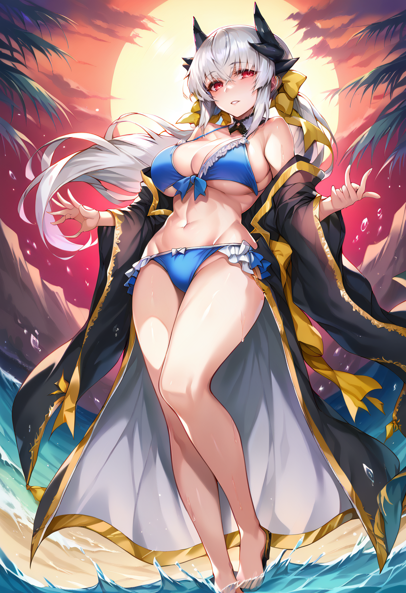 score_9, score_8_up, score_7_up, source_anime BREAK 1girl,  <lora:spfateKiyohimeXLPony:1> kiyola3st, white hair, horns, yellow bow, blue bikini, cleavage, frills, frilled bikini, japanese clothes, black kimono, standing, full-body shot, big breasts       <lora:Zen-Hirasawa-Style-PonyXL-Dora:1>